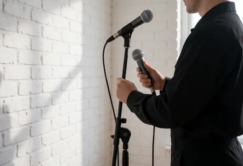Technician adjusting a professional microphone on a stage with a white brick wall and natural light.