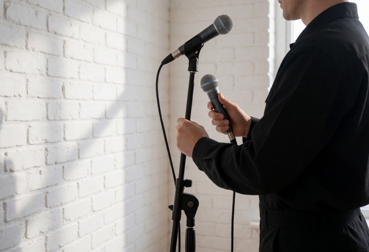 Technician adjusting a professional microphone on a stage with a white brick wall and natural light.