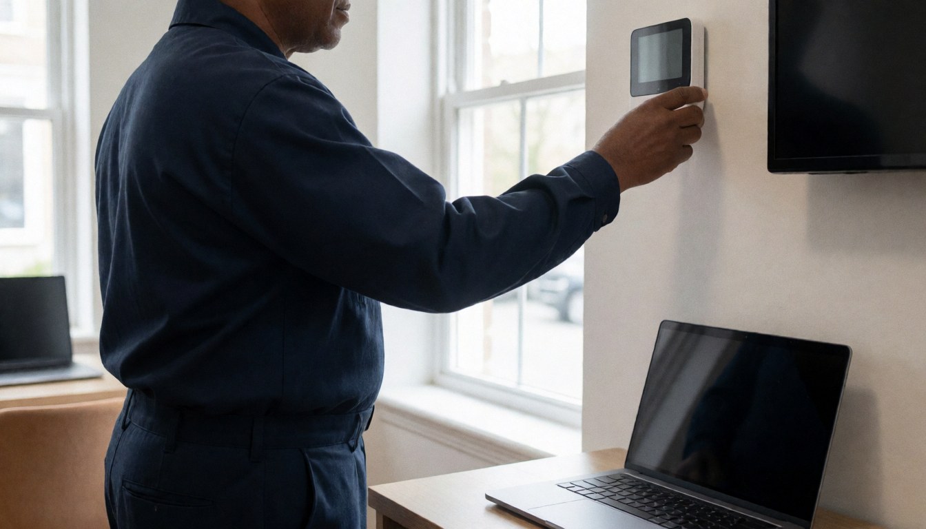 Technician adjusting a modern thermostat on a white wall with natural light and a laptop on a table for heating installation services