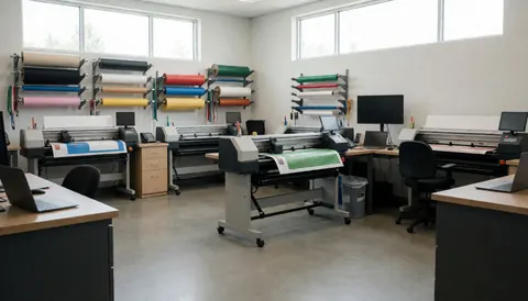 Vinyl cutting machines and colorful material rolls in a bright workshop with natural light, ideal for business websites