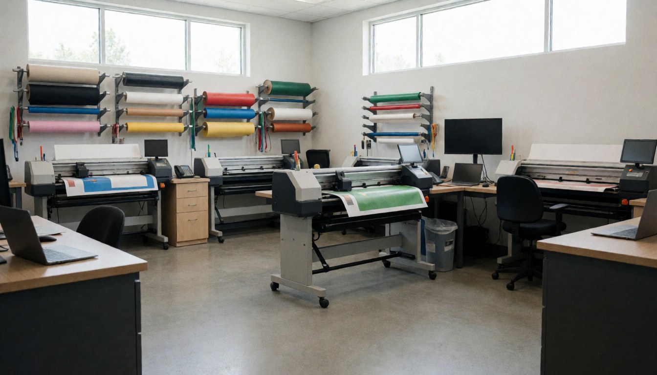Vinyl cutting machines and colorful material rolls in a bright workshop with natural light, ideal for business websites