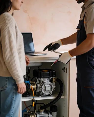 Technician in gloves explains vacuum pump repair to a customer in a modern kitchen with light plaster walls.