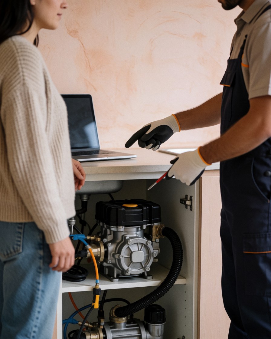 Technician in gloves explains vacuum pump repair to a customer in a modern kitchen with light plaster walls.