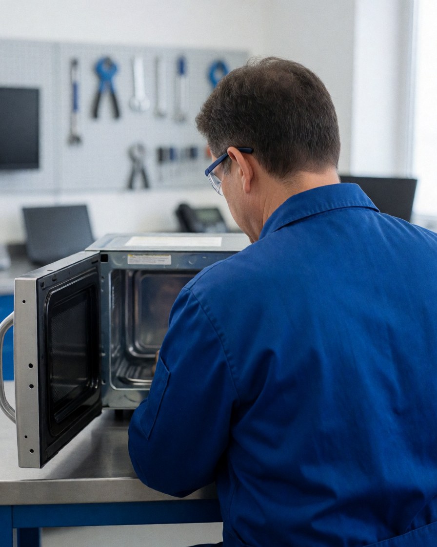 Technician in blue uniform repairing an open microwave in a well-lit workshop with tools on the wall