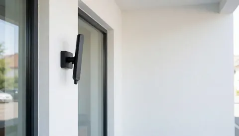 Black digital antenna mounted on a clean white wall, suitable for a website hero section for antenna installation services.