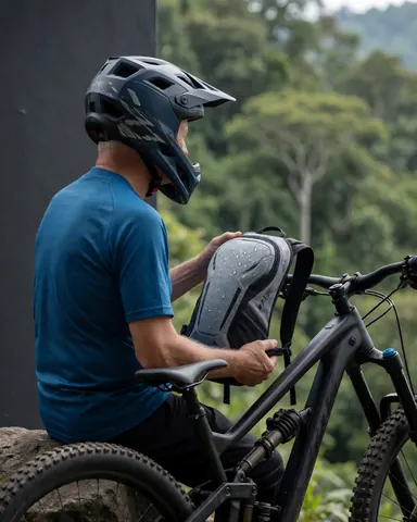 An adult cyclist wearing a helmet rests on a rock while adjusting hydration gear, with a green jungle background.