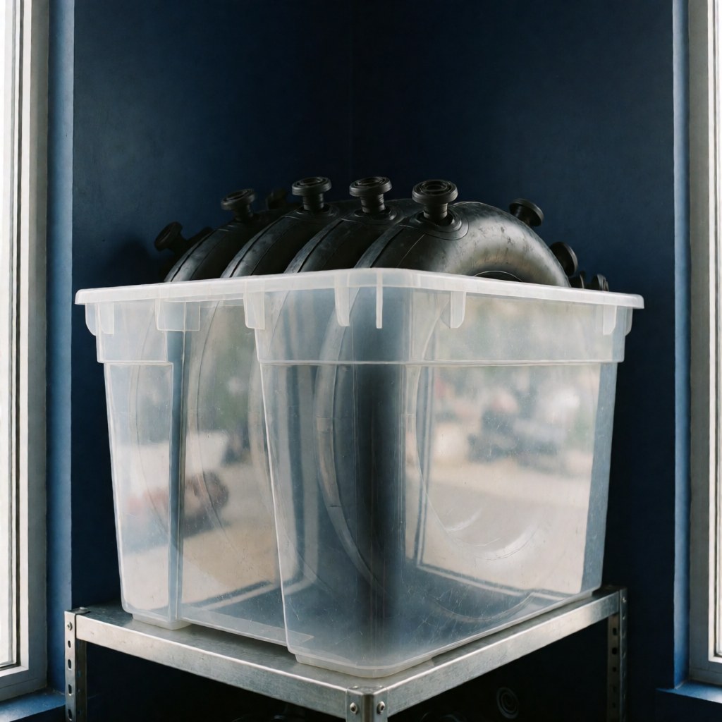 Transparent plastic box holding black bicycle tubes on a metal shelf against a dark blue wall in a bike workshop with natural light