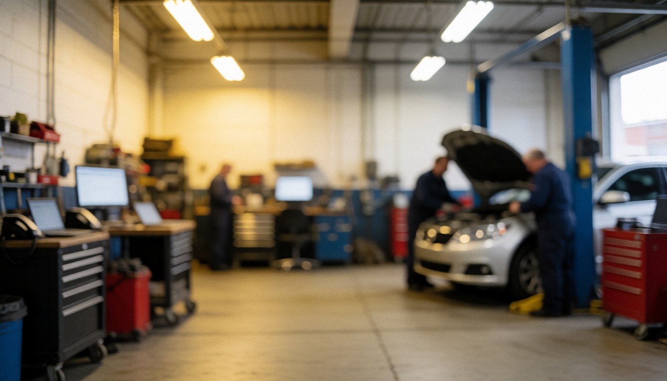 Two mechanics inspect a car with its hood open in a repair shop, surrounded by tools and industrial lights in a blurred background.