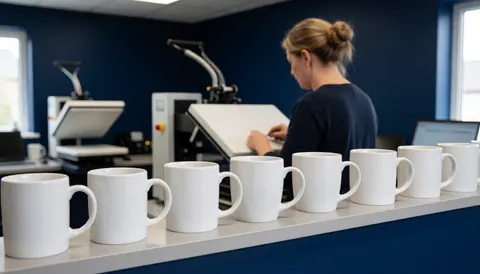 A white ceramic mug sits on a shelf in the foreground while a heat press machine is visible in the background of a textile printing workshop.