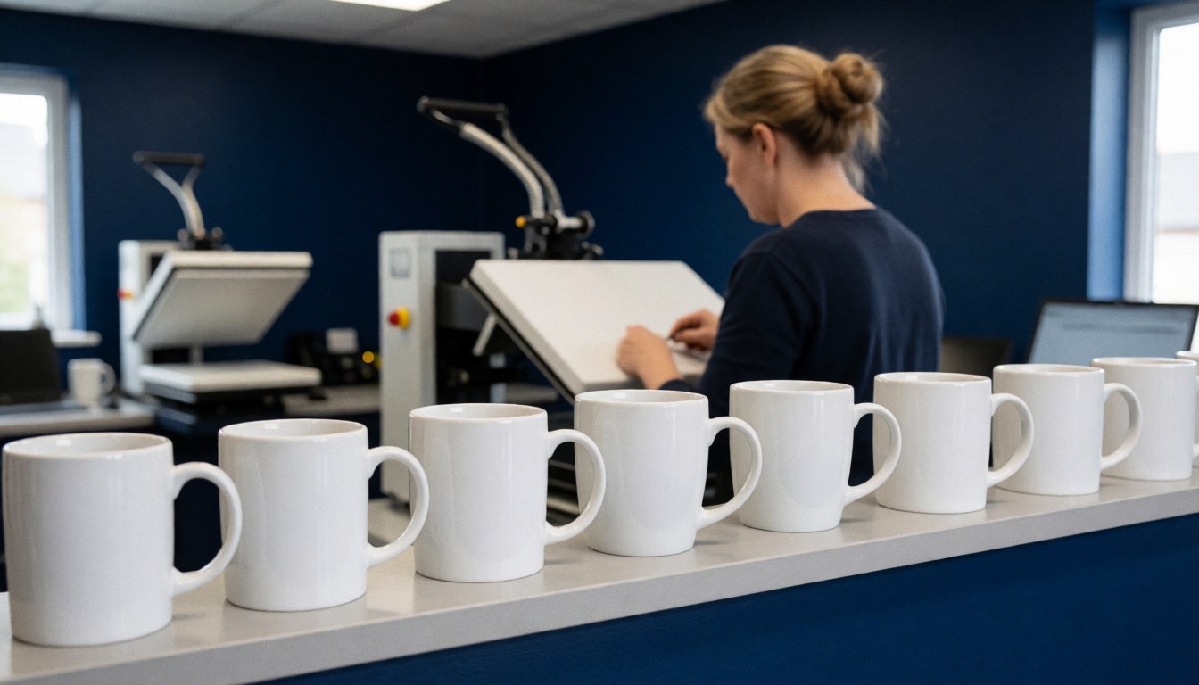 A white ceramic mug sits on a shelf in the foreground while a heat press machine is visible in the background of a textile printing workshop.