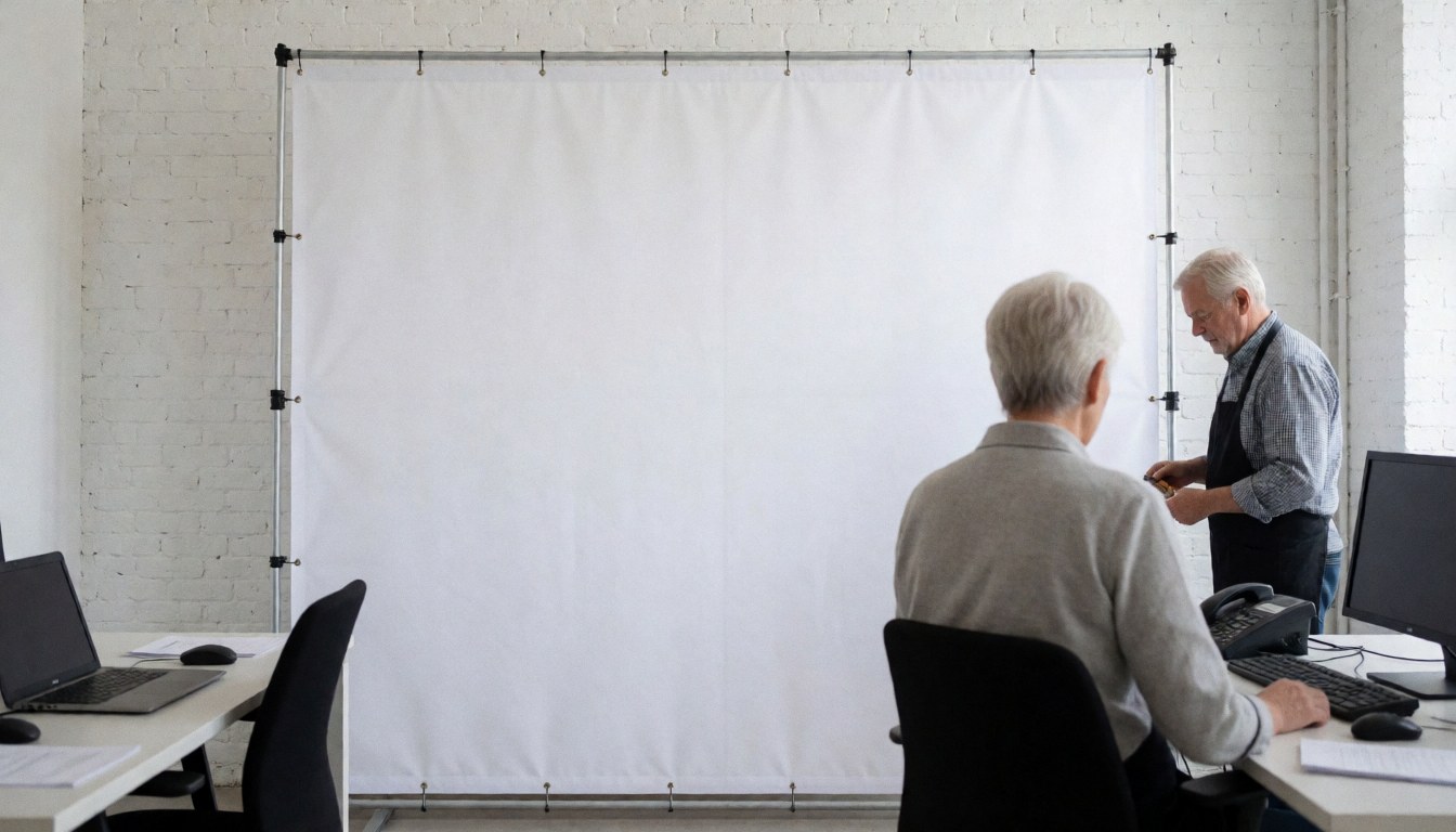 White backdrop ready for events in a modern room with white brick walls, two adults working, one adjusting the backdrop and the other sitting at a table.