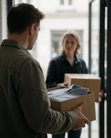 A satisfied customer receives a cardboard box of shirts from a seller in a retail shop, capturing a realistic commercial transaction scene.