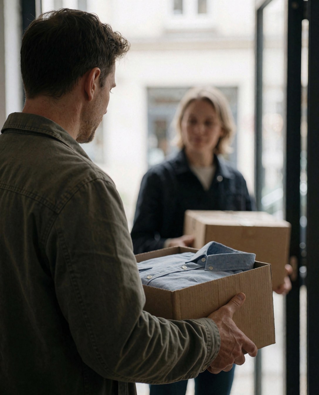 A satisfied customer receives a cardboard box of shirts from a seller in a retail shop, capturing a realistic commercial transaction scene.