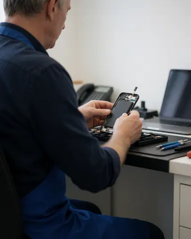 Technician in blue apron repairing a cell phone battery on a clean workbench with tools in a professional mobile repair shop setting