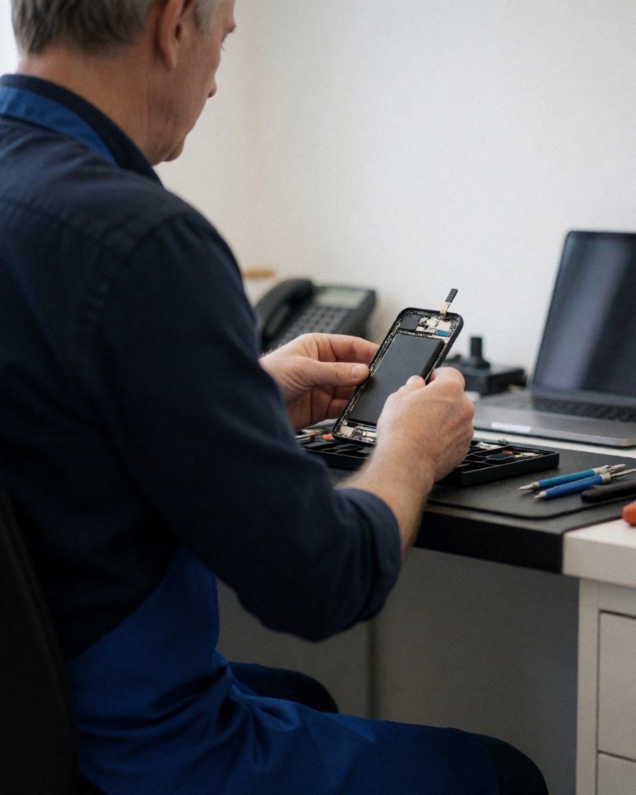 Technician in blue apron repairing a cell phone battery on a clean workbench with tools in a professional mobile repair shop setting