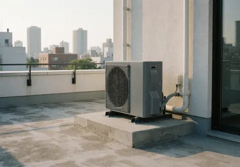 Gray heating unit installed on a concrete pedestal on a terrace with a city view under morning light