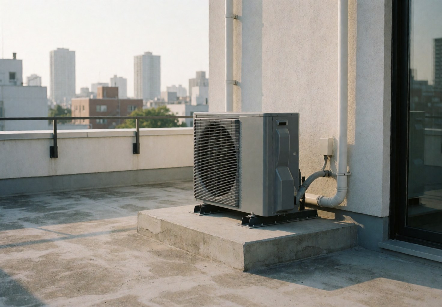 Gray heating unit installed on a concrete pedestal on a terrace with a city view under morning light