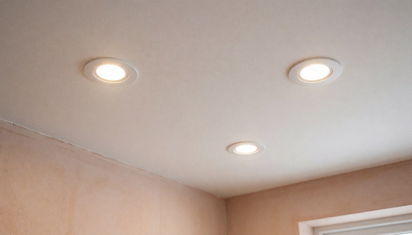White ceiling with three illuminated recessed LED lights and terracotta stucco walls providing warm clean lighting for residential electrician websites