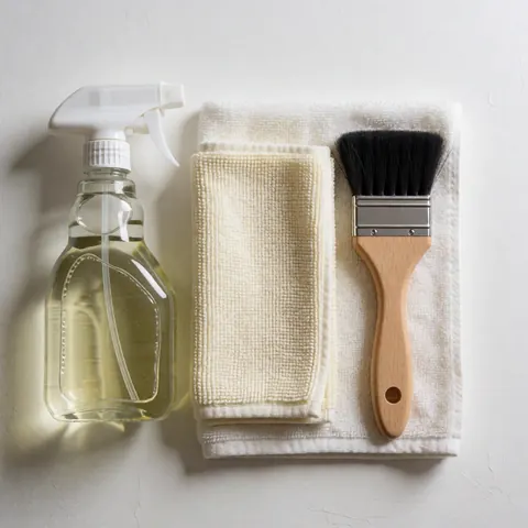 Interior cleaning spray, cloth, and brush arranged on a white towel, ideal for vehicle washing services.