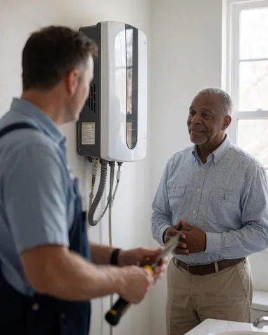 A plumber installs a water heater in a bathroom while a smiling client watches the installation process.