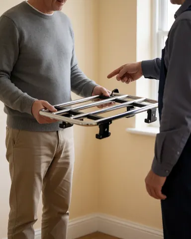 Customer holding a new bike rack while a mechanic points out mounting points in a workshop