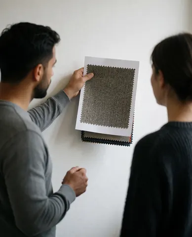 A satisfied customer and designer examine a textile sample against a white wall, showcasing fabric options for printing and design purposes.