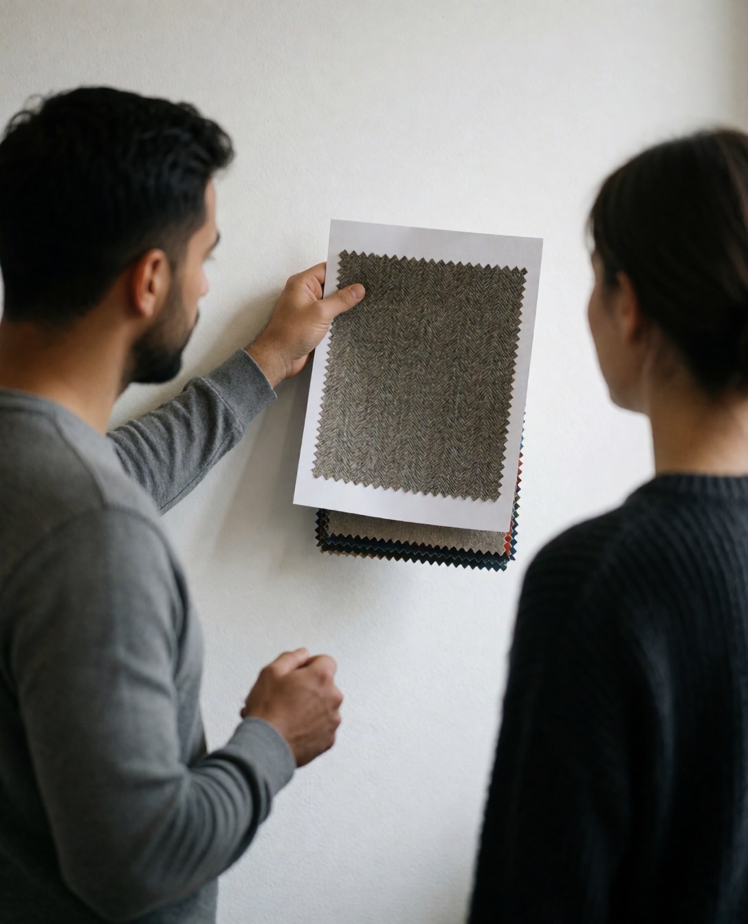 A satisfied customer and designer examine a textile sample against a white wall, showcasing fabric options for printing and design purposes.