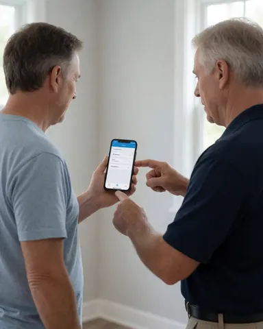 A pool installer displays a mobile application on a smartphone to a client in a bright room with light walls.