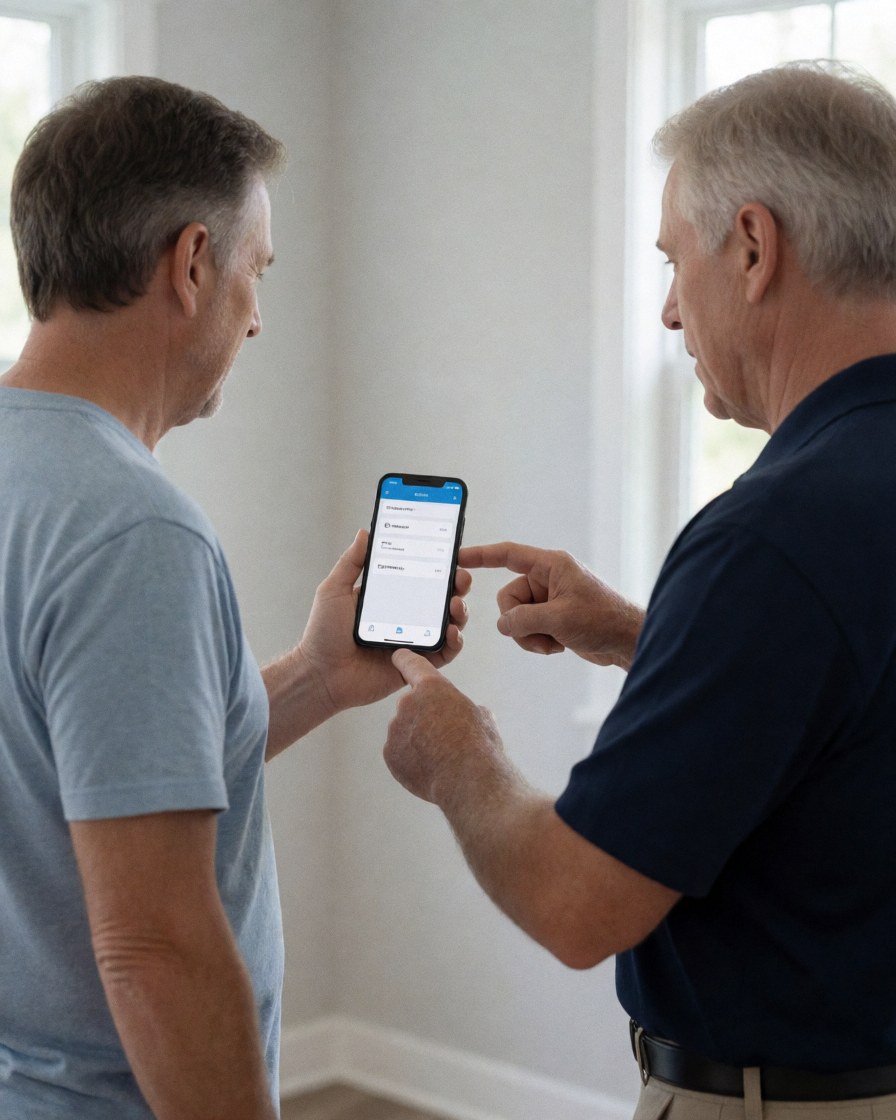 A pool installer displays a mobile application on a smartphone to a client in a bright room with light walls.