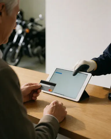 A customer pays with a credit card at a motorcycle repair shop while a mechanic in gloves uses a tablet with a motorcycle in the background.