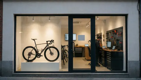 Road bicycle displayed in a lit case with mechanic working at a desk with computers and tools on the wall in a modern bike workshop