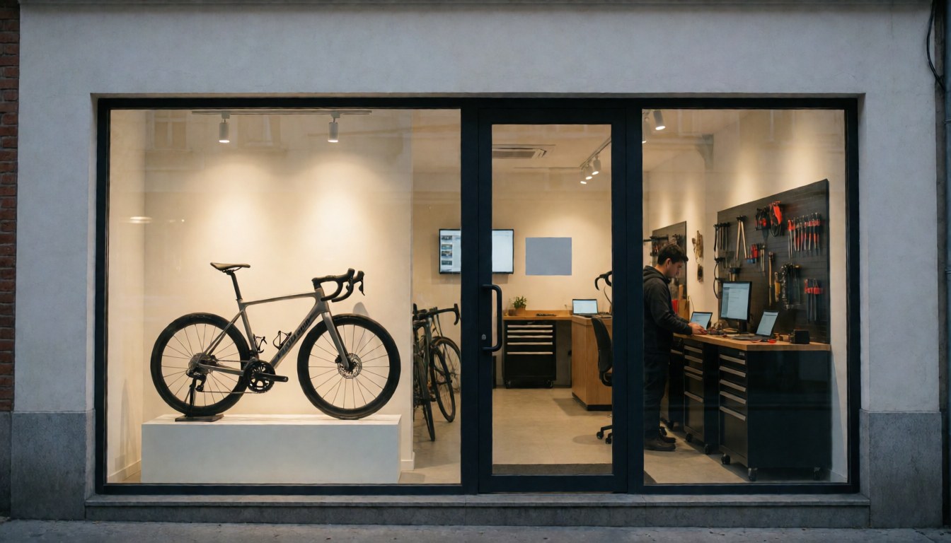 Road bicycle displayed in a lit case with mechanic working at a desk with computers and tools on the wall in a modern bike workshop