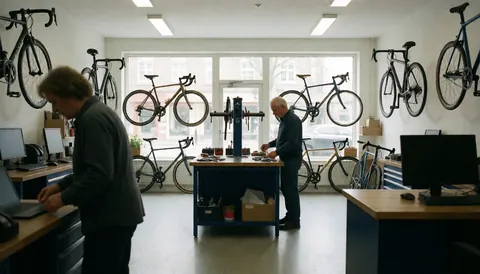 Mechanic adjusting tools in a bike workshop with natural light coming through windows and bicycles hanging on the walls