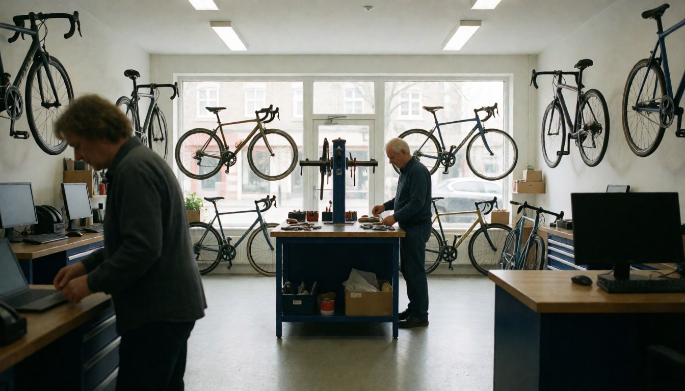 Mechanic adjusting tools in a bike workshop with natural light coming through windows and bicycles hanging on the walls