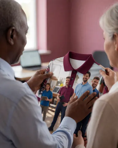 Customer inspecting a custom printed shirt in a clothing store with pink walls and bright natural light