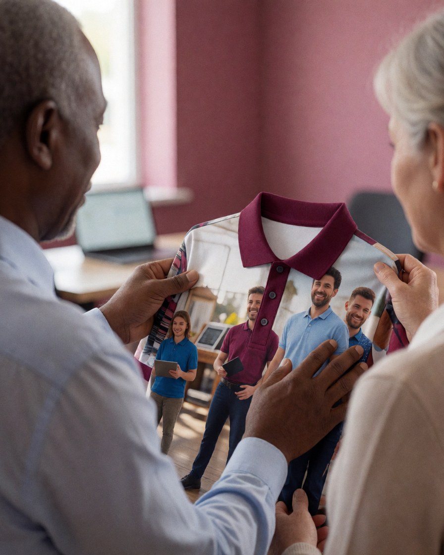 Customer inspecting a custom printed shirt in a clothing store with pink walls and bright natural light