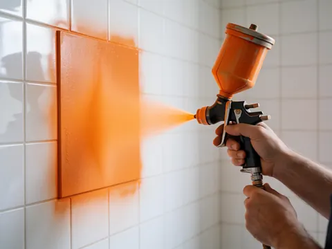 Hands using a spray gun to apply orange paint on a panel in an auto body shop with white tiles.