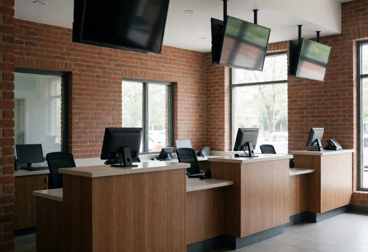 Empty theme park ticket booth interior featuring wooden tables, digital screens, and brick walls ready for service
