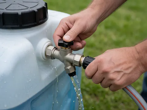Close-up of a hand turning the valve on a portable water tank with water flowing out, set against a grassy outdoor background.