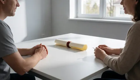 Rolled diploma with red ribbon on white table, two people conversing in room with gray walls and natural light