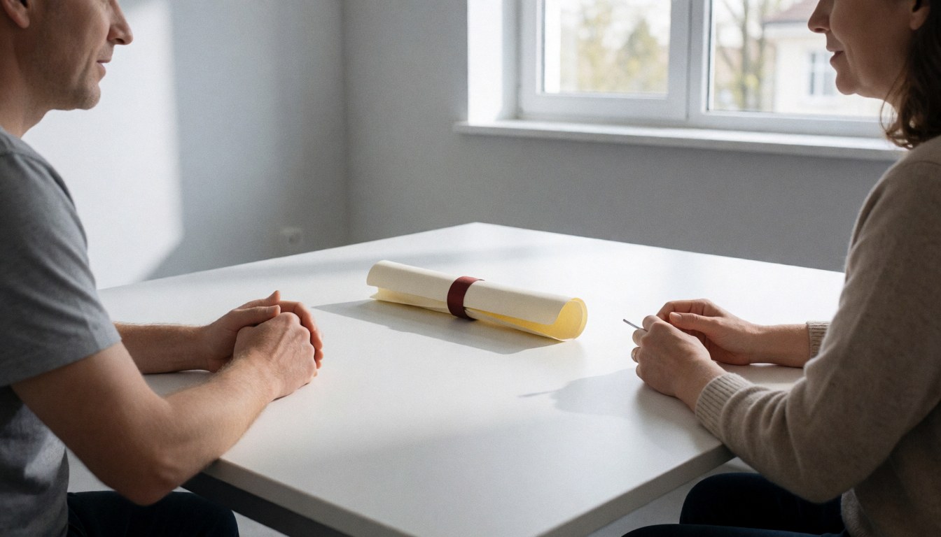 Rolled diploma with red ribbon on white table, two people conversing in room with gray walls and natural light