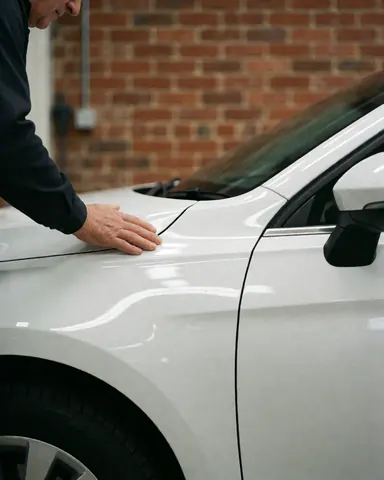 Close-up of a hand resting on the hood of a freshly washed white car, highlighting the clean and polished surface.