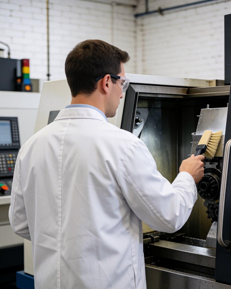 Technician in white coat and safety glasses cleaning an industrial machine with a brush in a workshop with white brick walls