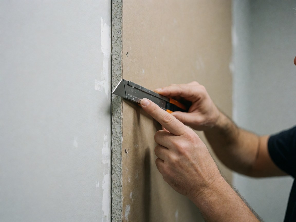 Hand using a utility knife to cut drywall, exposing core fibers and mortar joint against a light gray painted wall surface.