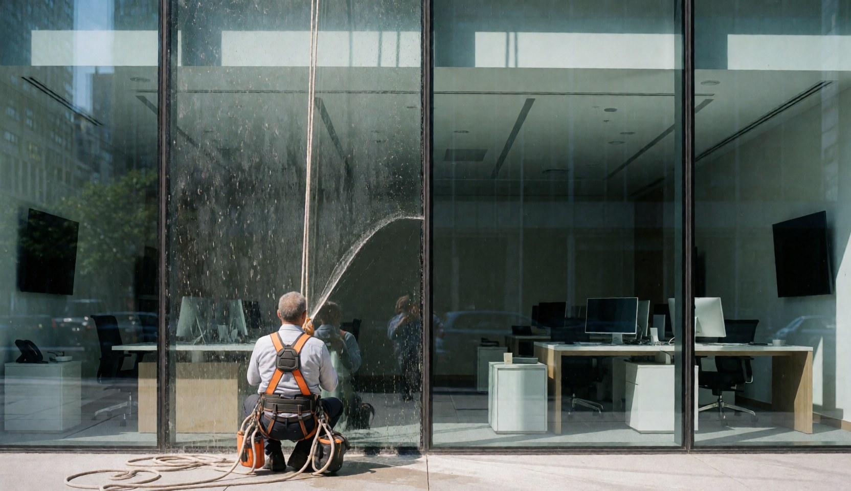 Worker in harness cleaning large office window with visible interior desks and computers