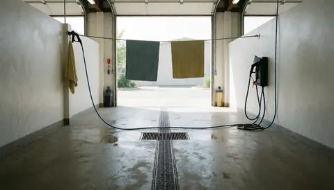 Interior of a motorcycle wash shop featuring a wet concrete floor, central drainage grate, hanging towels, and an open garage door.