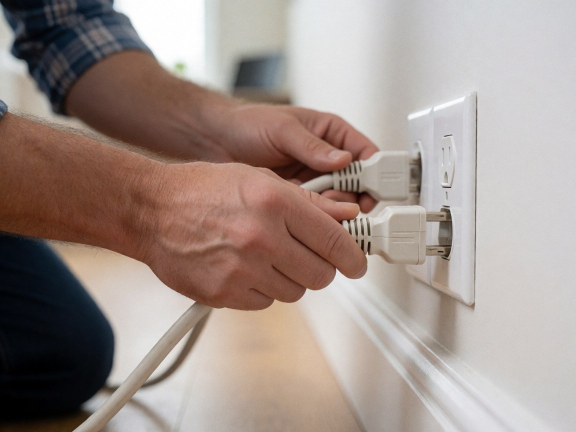 Close-up of refrigerator repair technician hands connecting a white power cord to a wall outlet during appliance maintenance