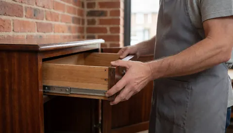 A wooden drawer is being installed in a cabinet with metal slides in a furniture repair workshop.
