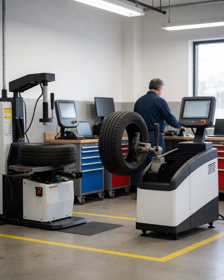 Tire repair team working in a modern shop with digital equipment, a tire on the changer, and yellow safety lines on the floor.