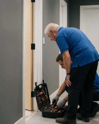 Two professionals install a new door in a modern hallway with gray walls, tools in an open box at their feet.